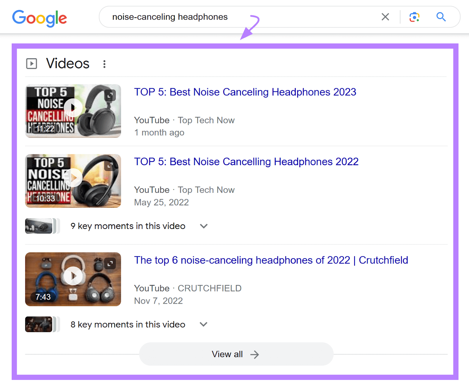 Video carousel example on Google SERP for "noise-canceling headphones" search