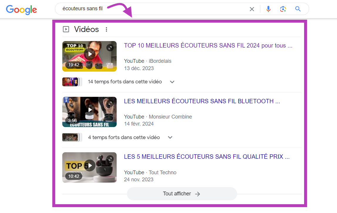 Carrousel vidéo sur Google