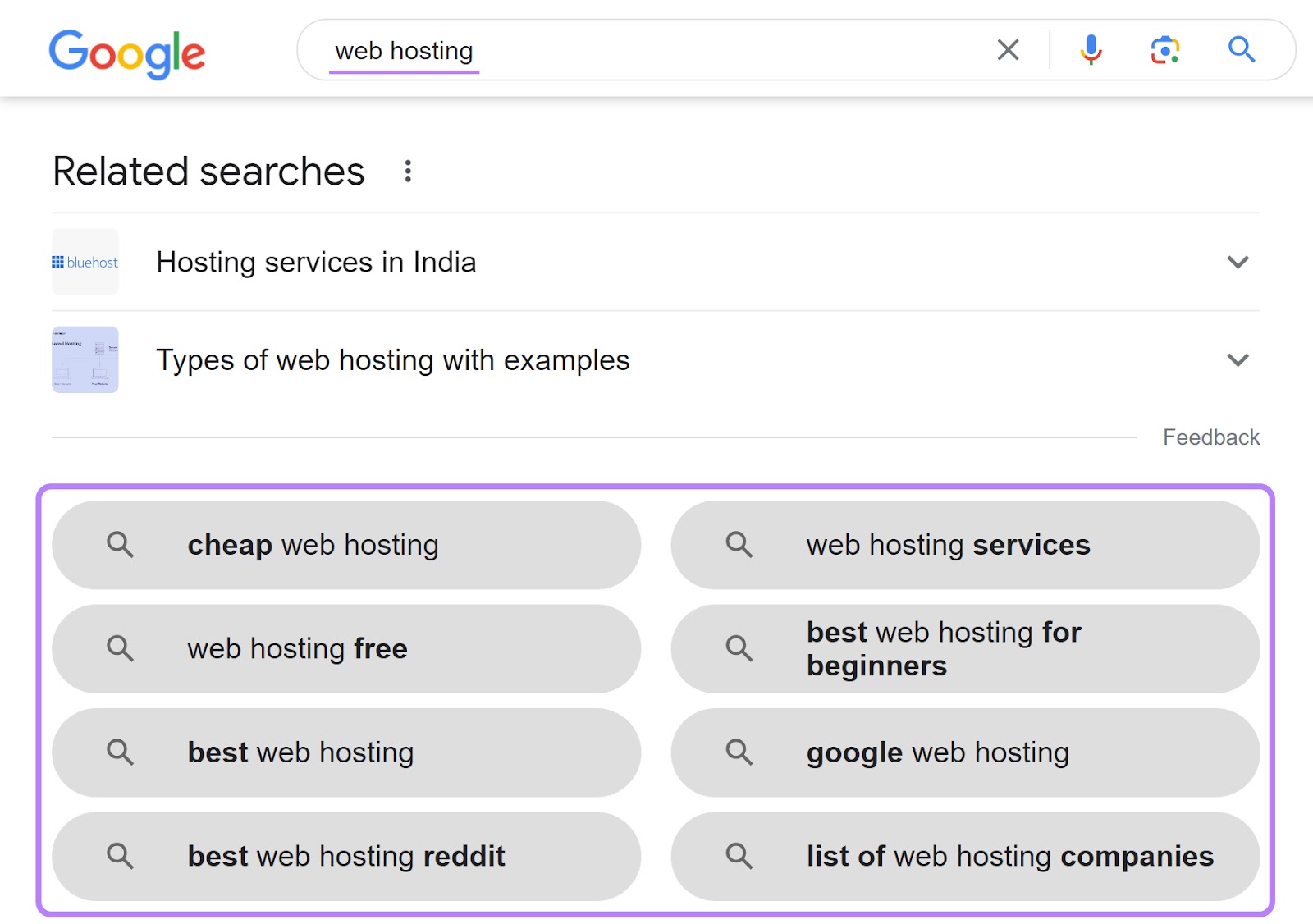 Google's "Related searches" section for "web hosting" search