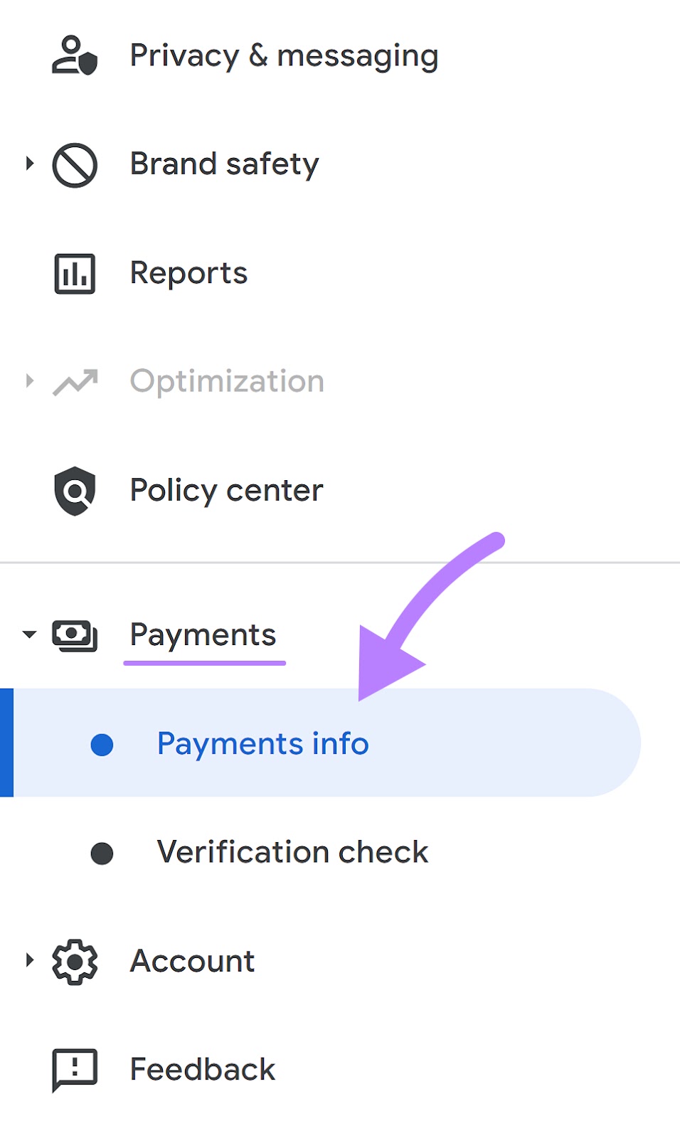 "Payments info" tab in Google AdSense account