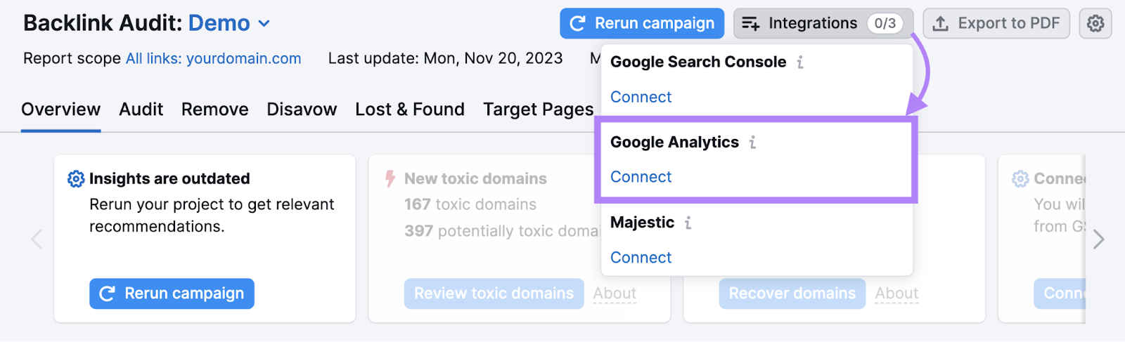 Connect Google Analytics to Backlink Audit tool