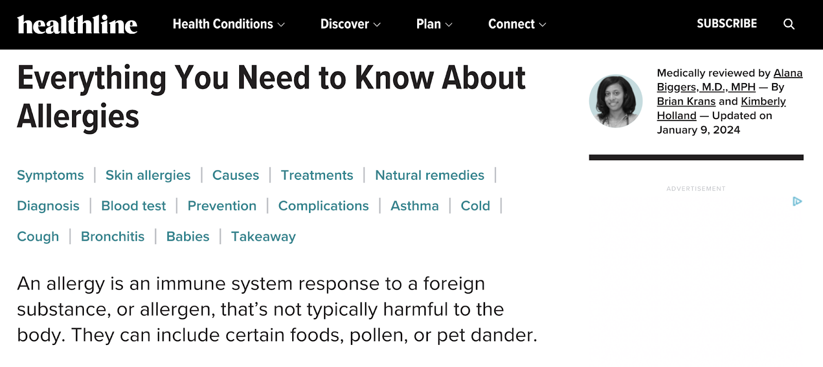 Healthline's nonfiction  called “Everything You Need to Know About Allergies”