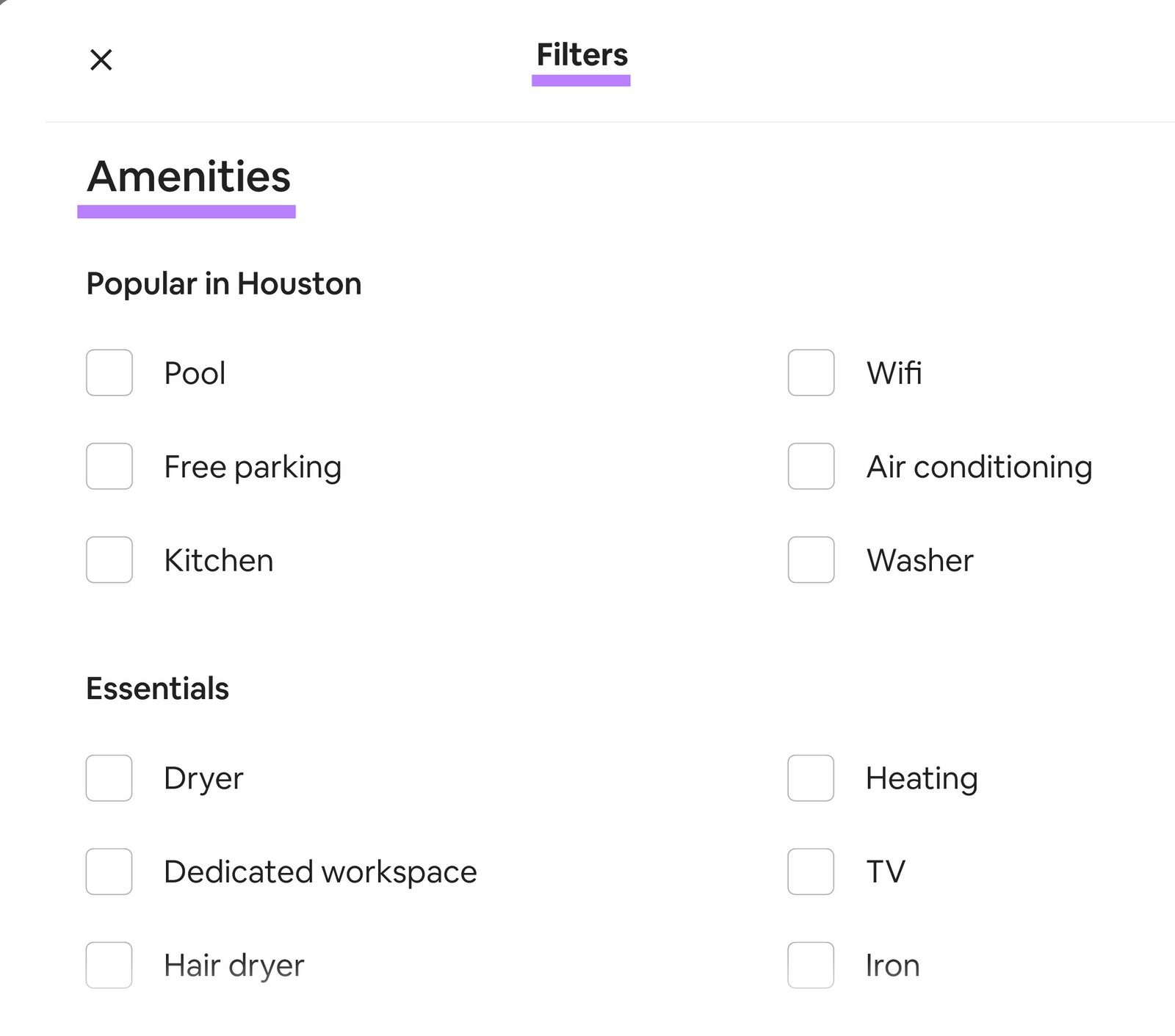 "Amenities" filter in the Airbnb site