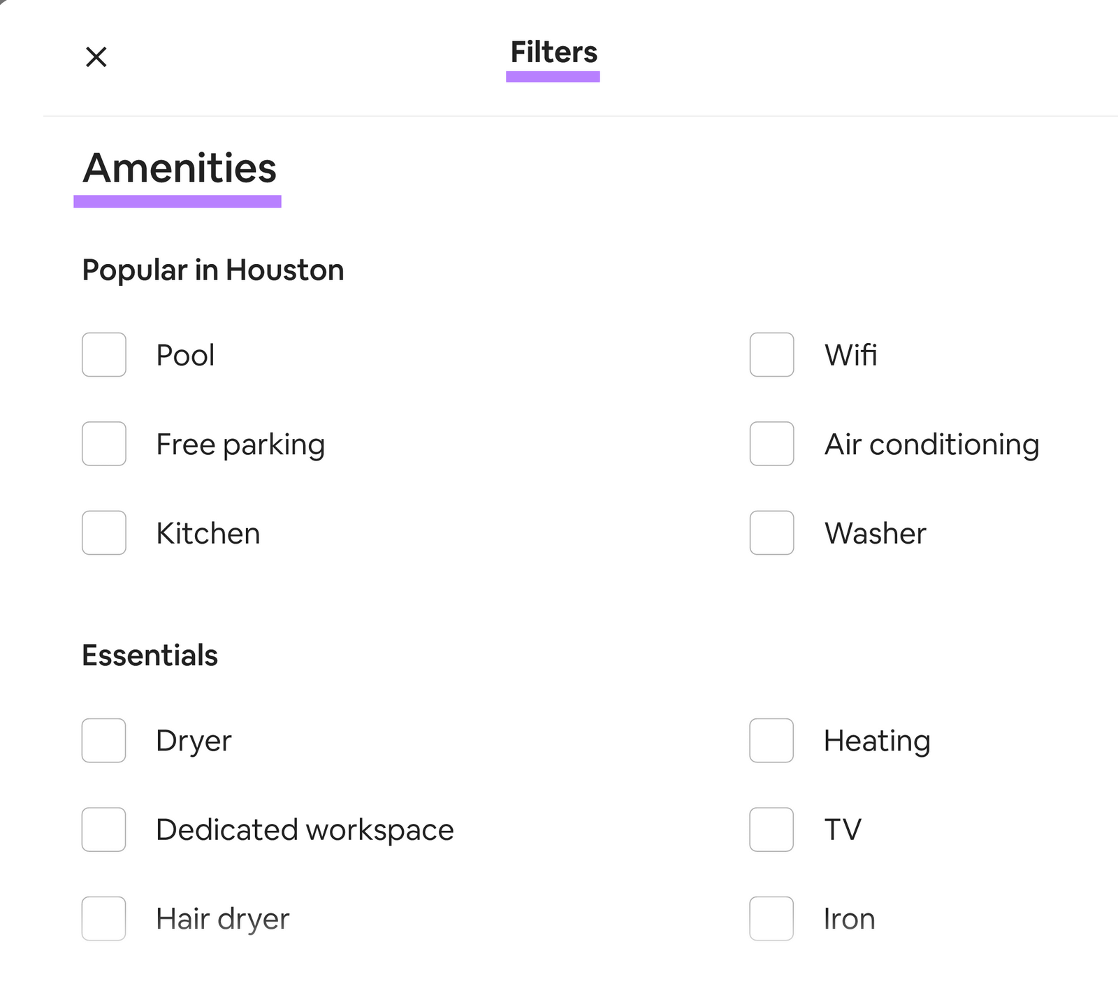 Filter "Annehmlichkeiten" auf der Airbnb-Website