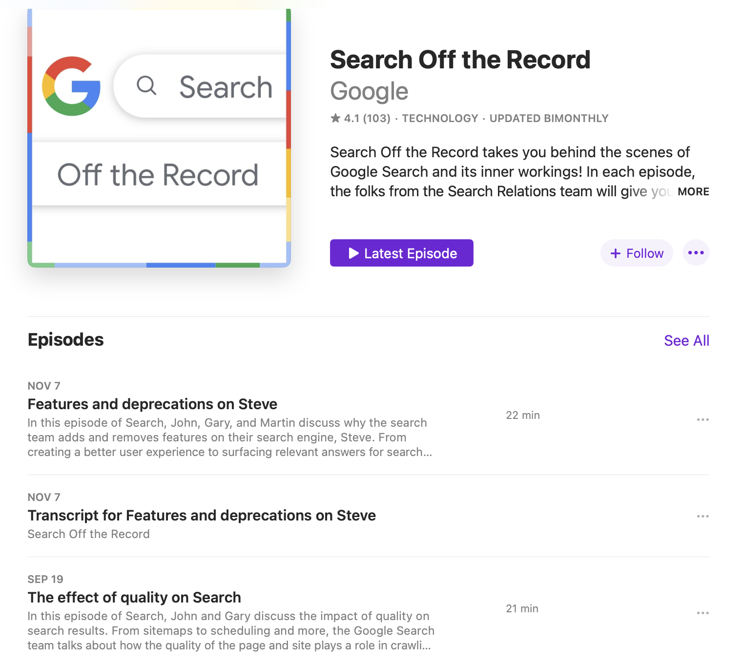 Search Off the Record podcast page