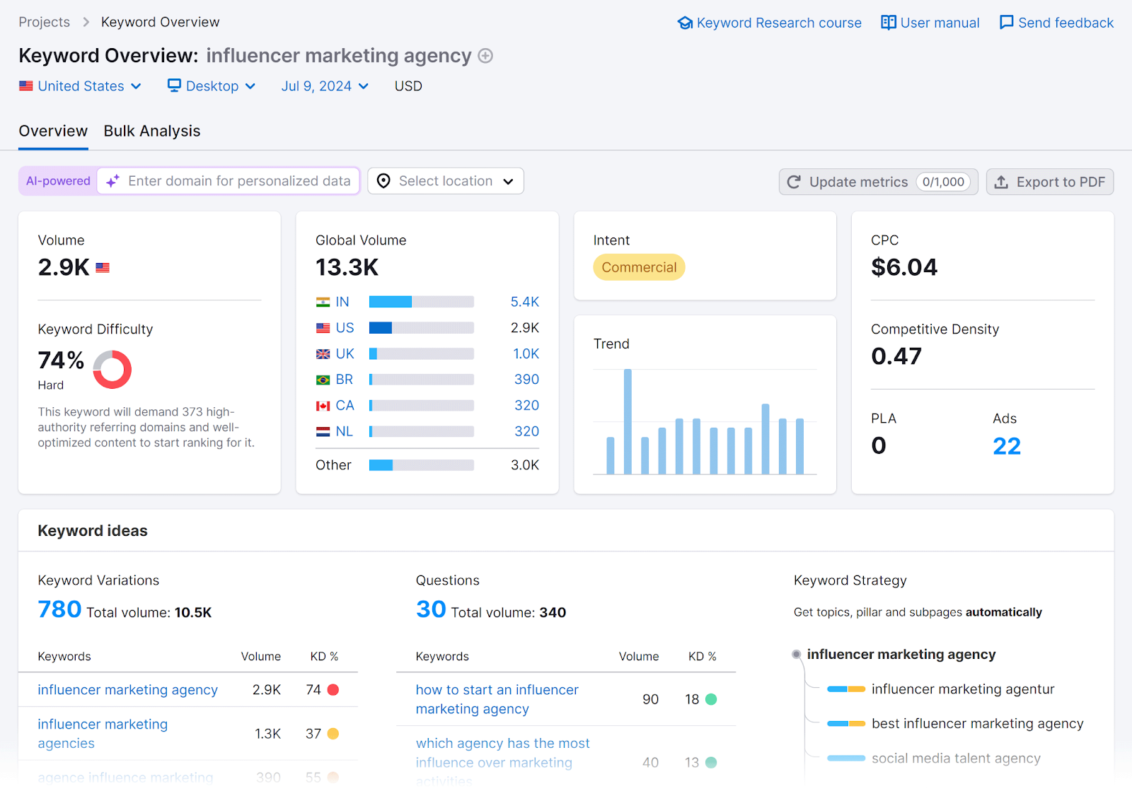 Keyword Overview report for influencer marketing agency showing metrics