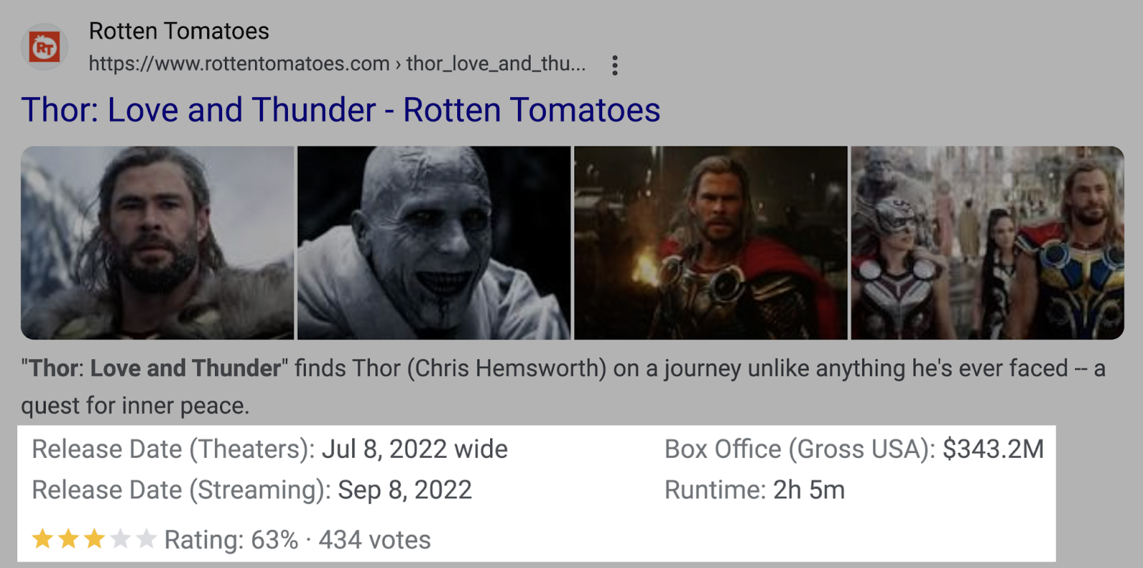 an example of a movie snippet for Thor movie on Rotten Tomatoes