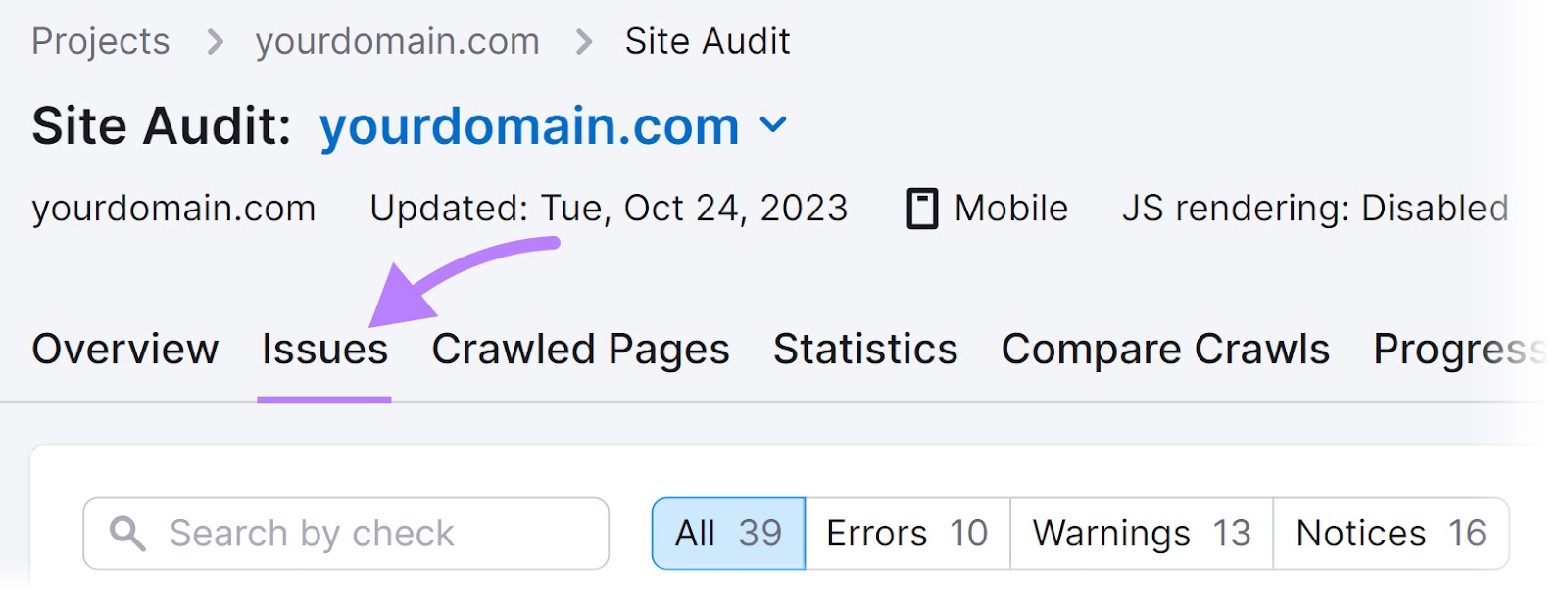 "Issues" tab highlighted in Site Audit tool