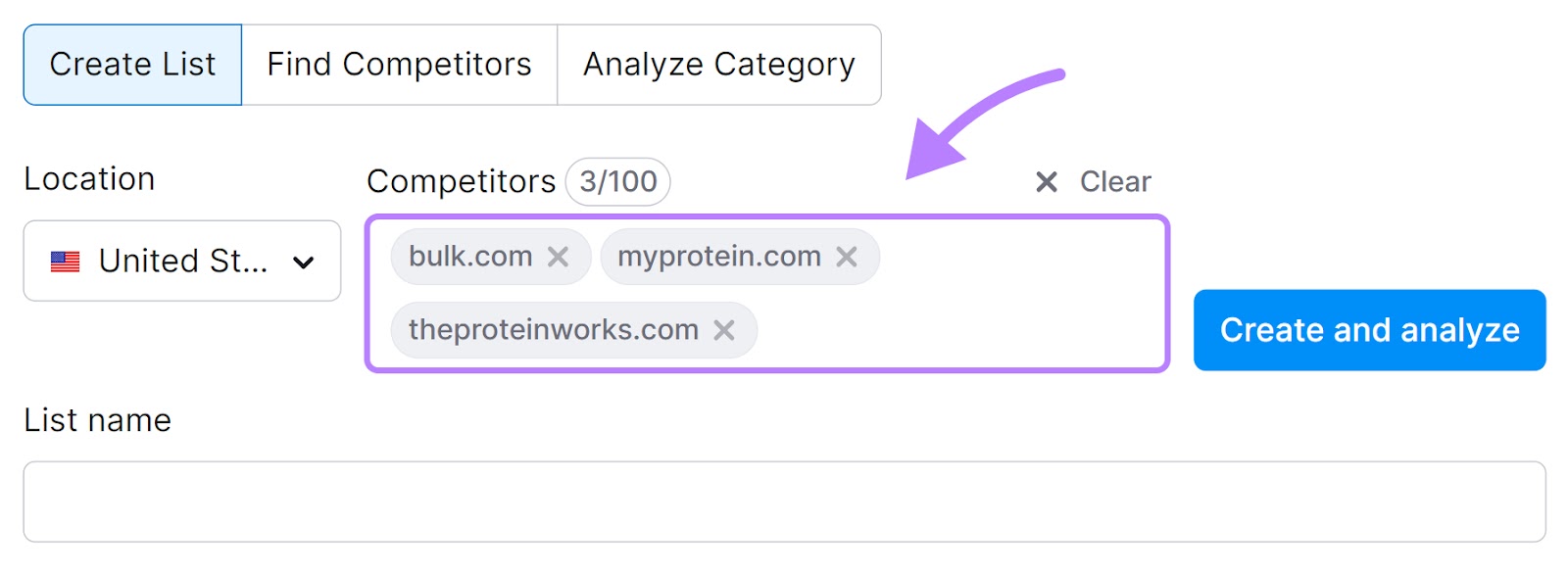"bulk.com," "myprotein.com," and "theproteinworks.com" entered under "Competitors" box