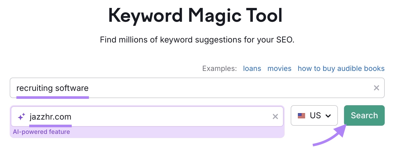 Keyword Magic Tool start with "recruiting software" entered as the term, "jazzhr.com" as the domain and "Search" clicked.