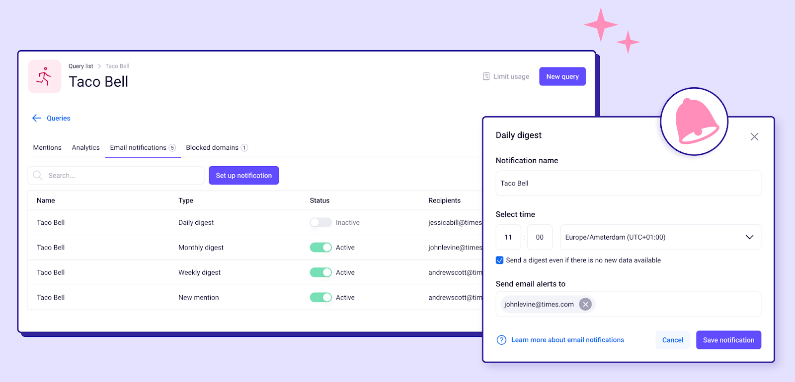 Brand monitoring instrumentality shows email notification settings to get announcement for caller mentions crossed platforms.