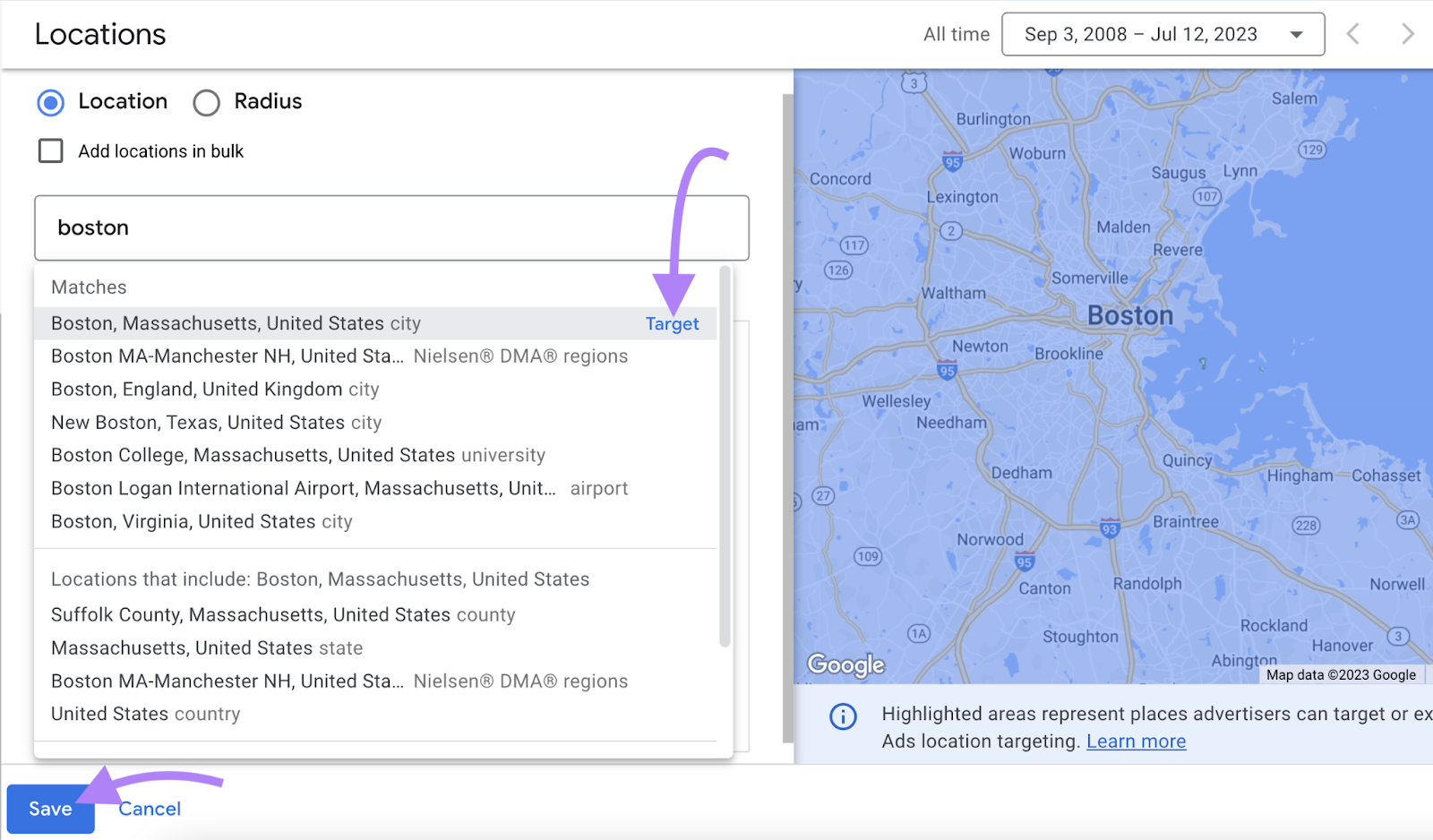 example of setting Boston as the location you’d like to target with your ads