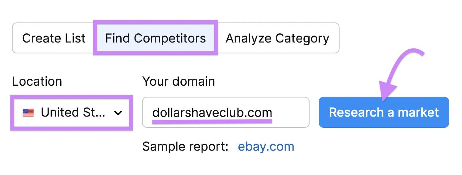 Searching for "dollarshaveclub.com" in the "United States" location in Market Explorer tool