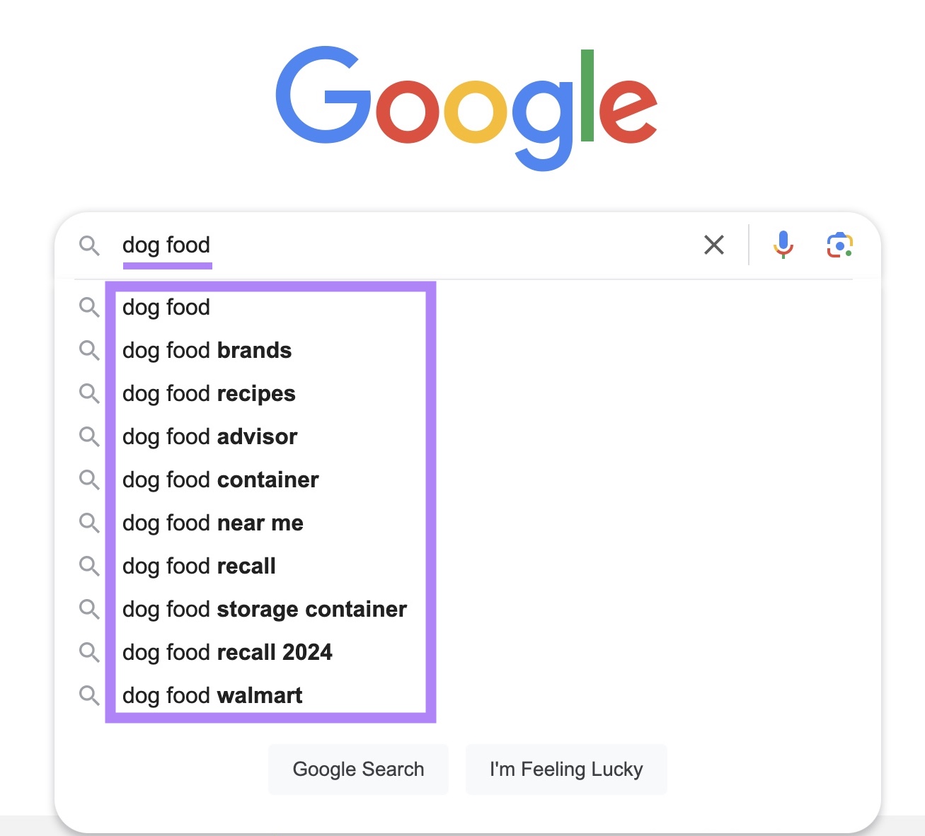 Google autocomplete suggestions for "dog food"
