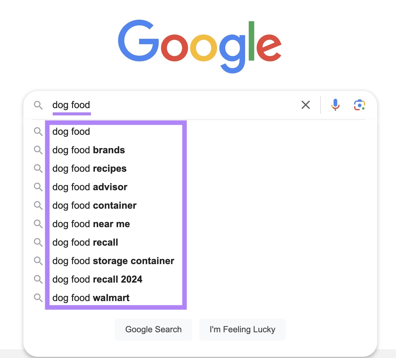 Sugerencias de autocompletar de Google para "comida para perros"