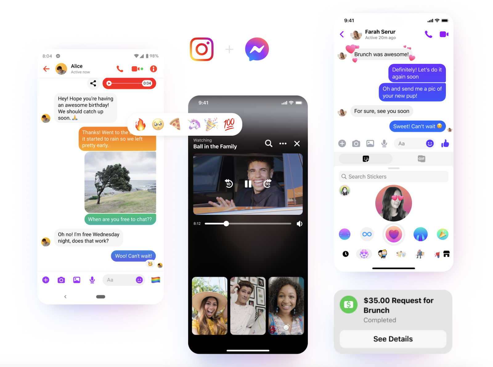 messenger user interface includes sending money to friends, sharing videos, chatting with friends, and reacting with emojis