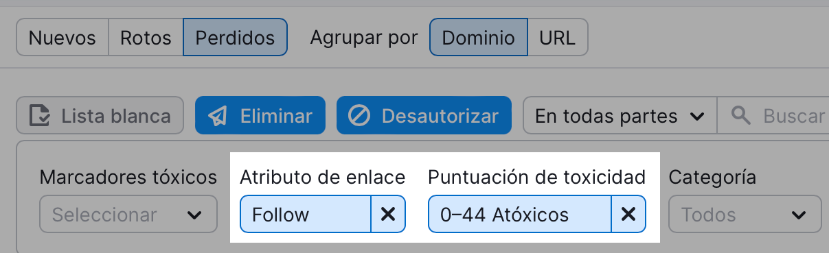 Puntuación de toxicidad en Análisis de backlinks de Semrush