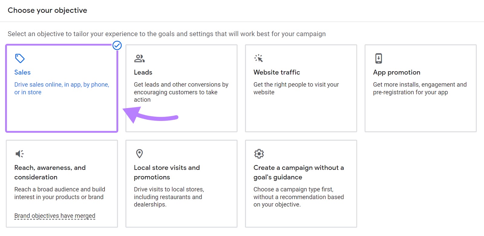 "Sales" option selected under Google Ads' campaign objective