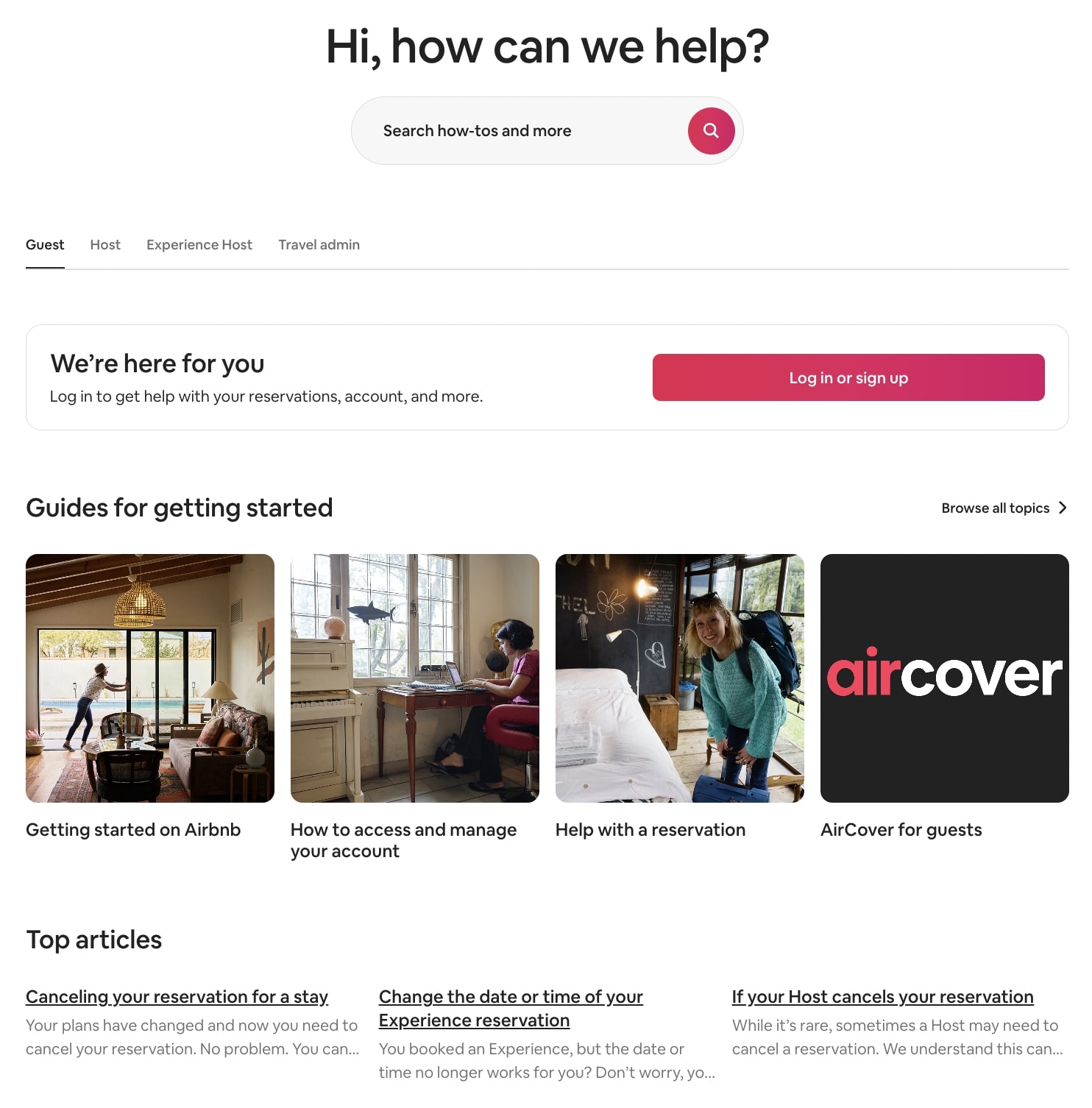 Airbnb’s "Hi, how can we help?" FAQ page