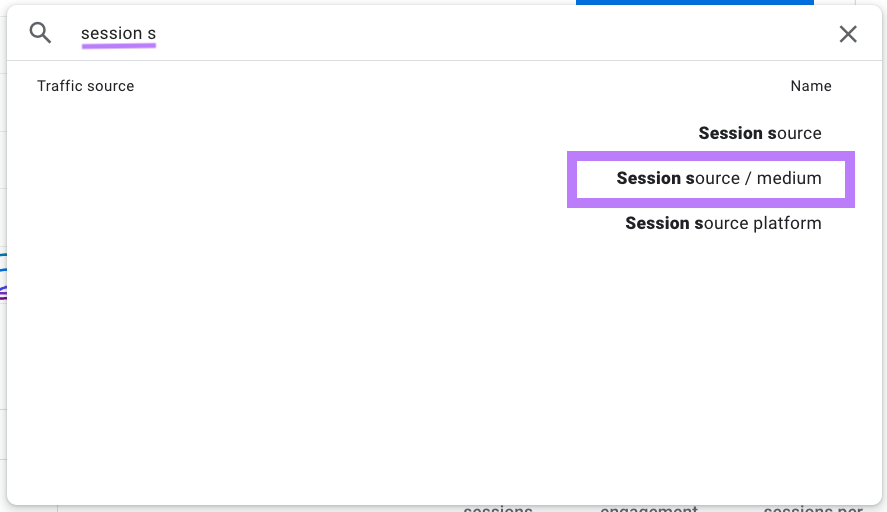 “session source / medium” option selected under search
