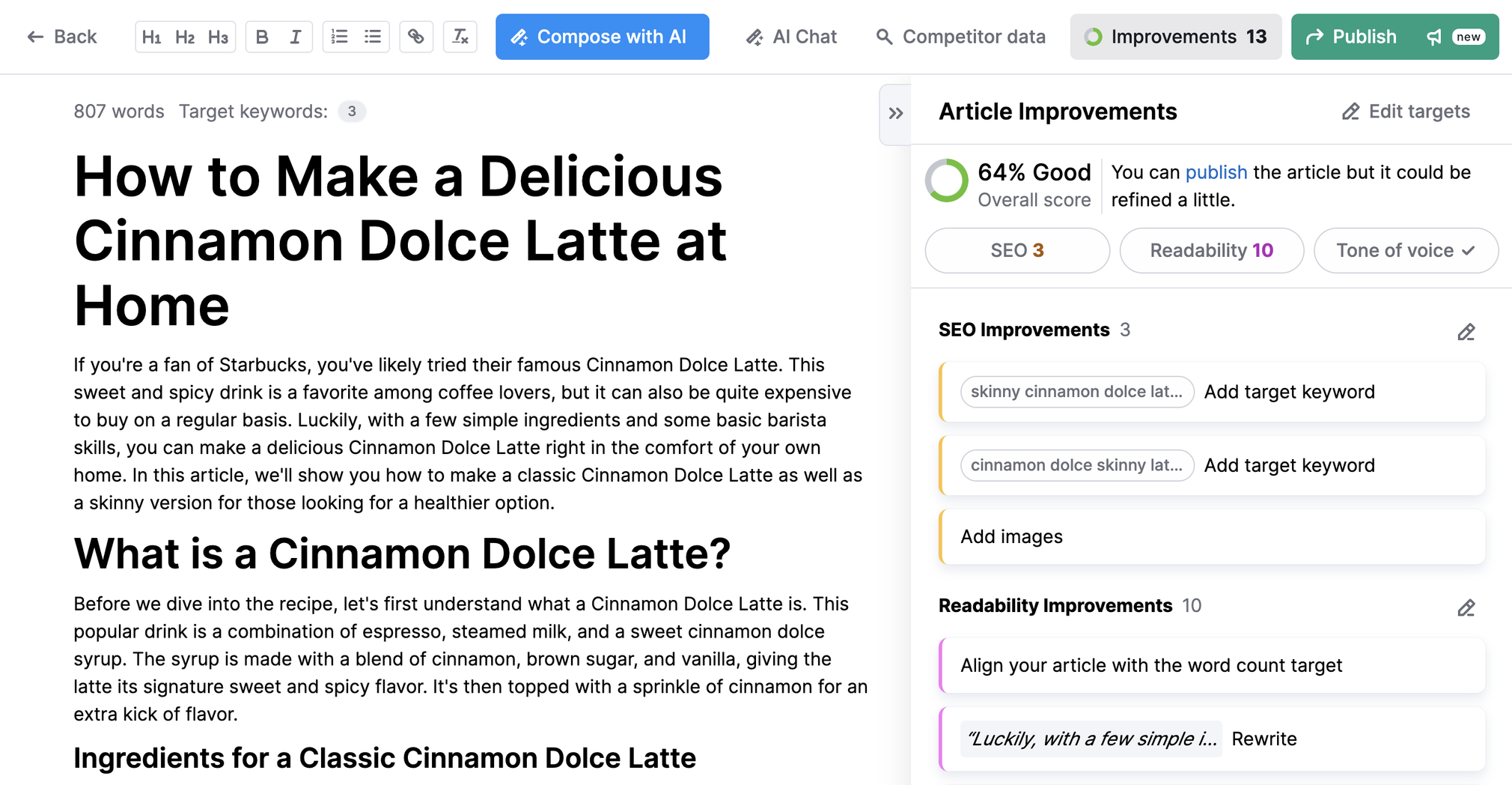 ContentShake AI tool's article improvements section showing the blog on the left and seo improvements on the right