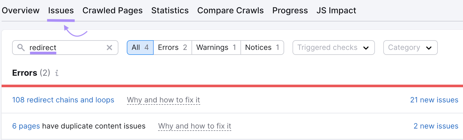 search for “redirect” in Site Audit "Issues" tab