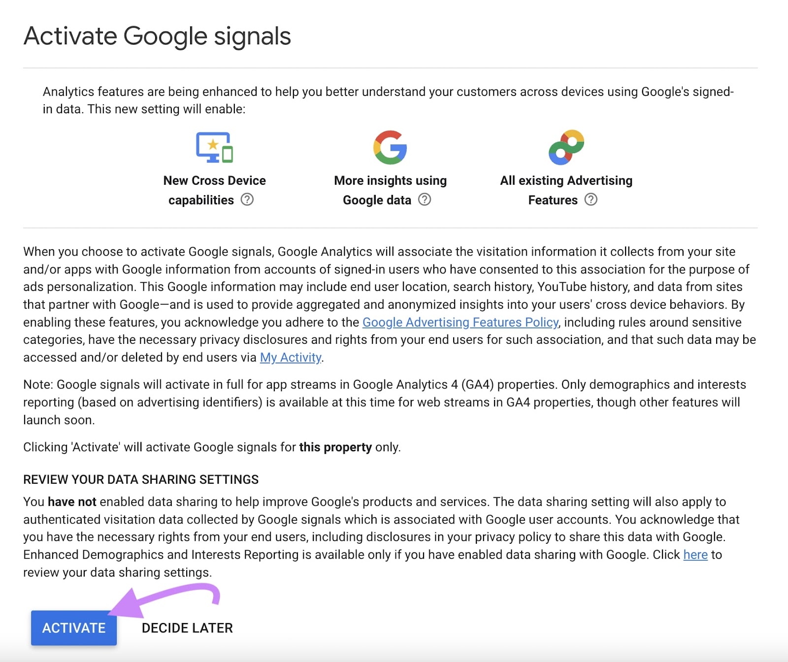 Activating Google signals data collection