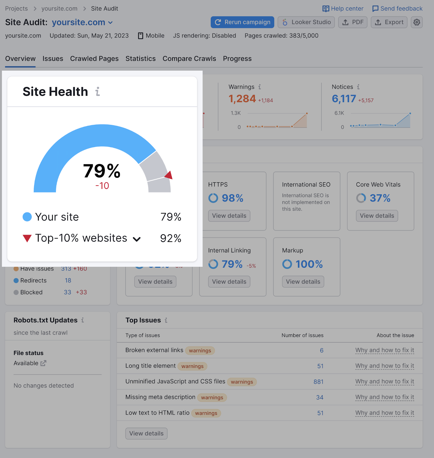 “Site Health” metric in Site Audit tool