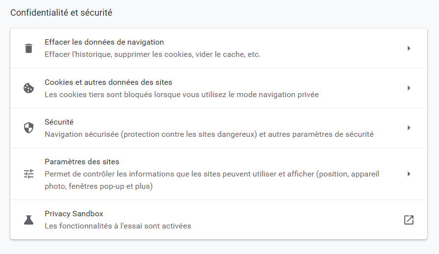 Chrome Confidentialité et sécurité