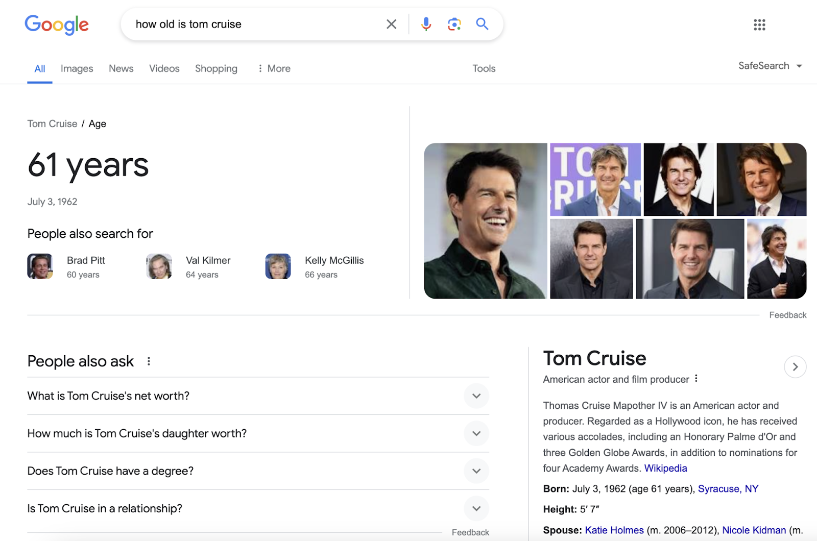 top of the serp shows tom cruise's age as 61 years old in big bold lettering