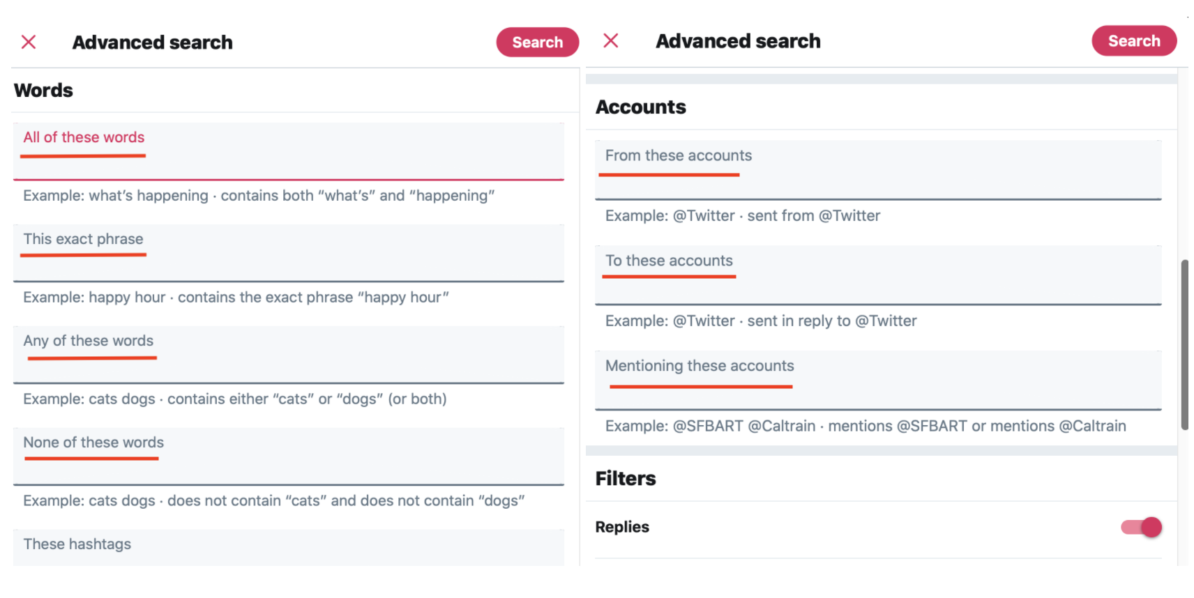 Twitter advanced search options