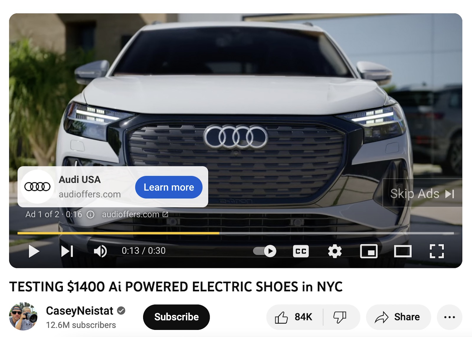 A video ad from Audi USA playing before the actual video from 'CaseyNeistat' on Youtube.