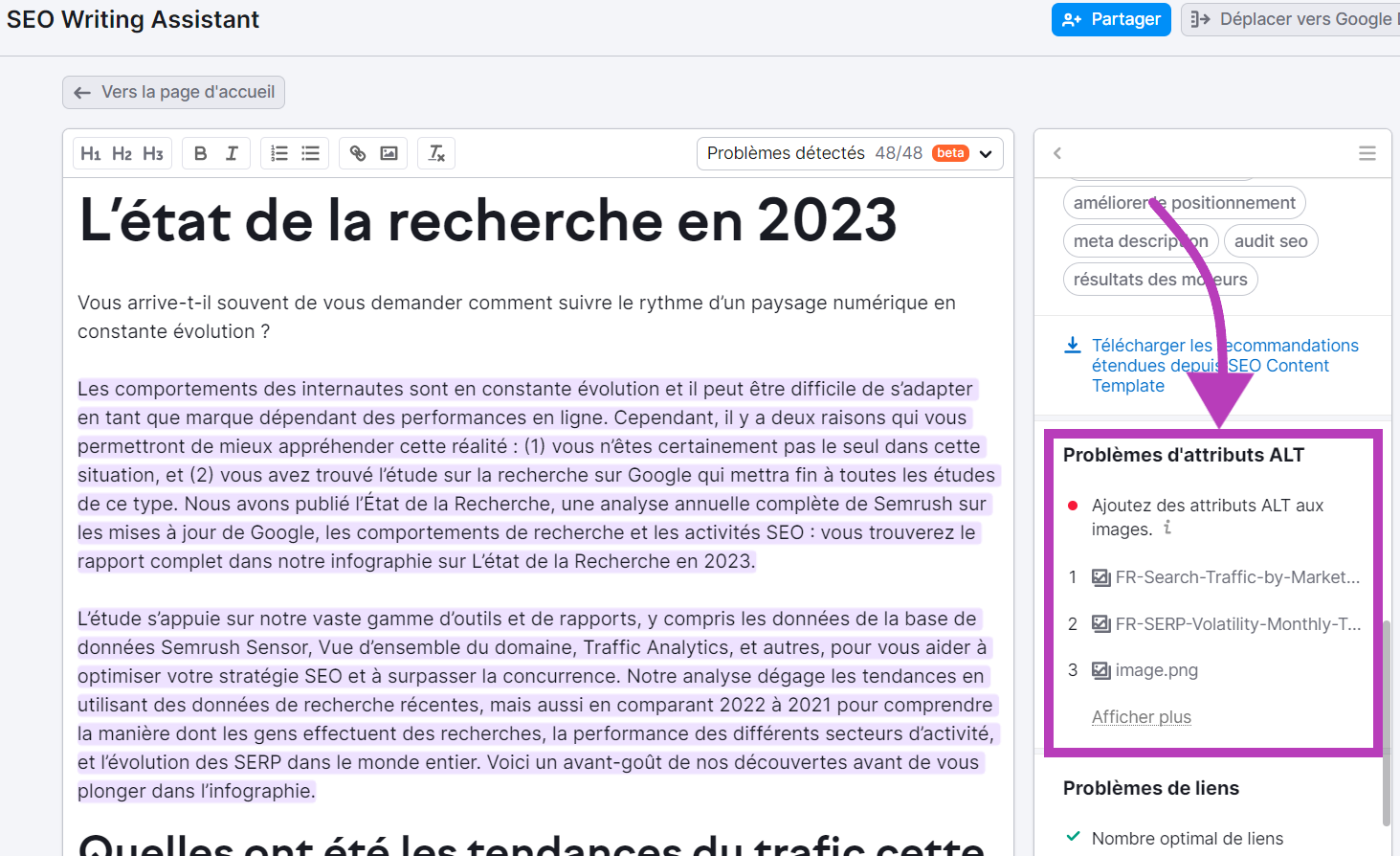 Problèmes d'attributs ALT dans SEO Writing Assistant de Semrush