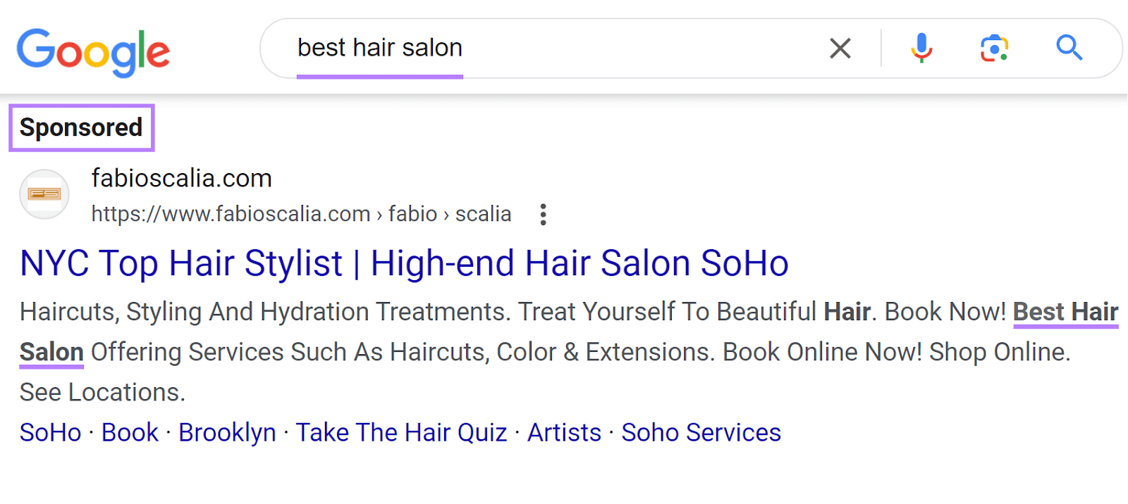 "Sponsored" results on Google SERP for a best hair salon