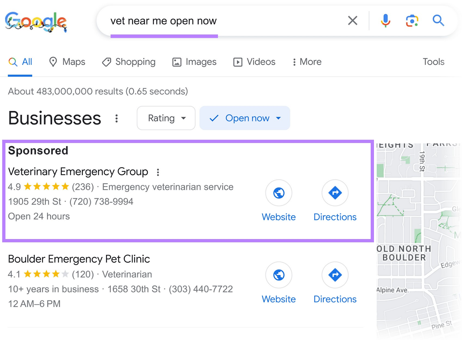 Anuncio de Google para la consulta "veterinario cerca de mí abierto ahora