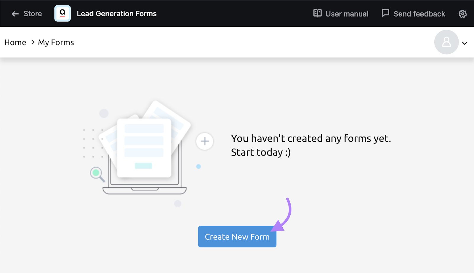 “Create New Form” button in Lead Generation Forms app