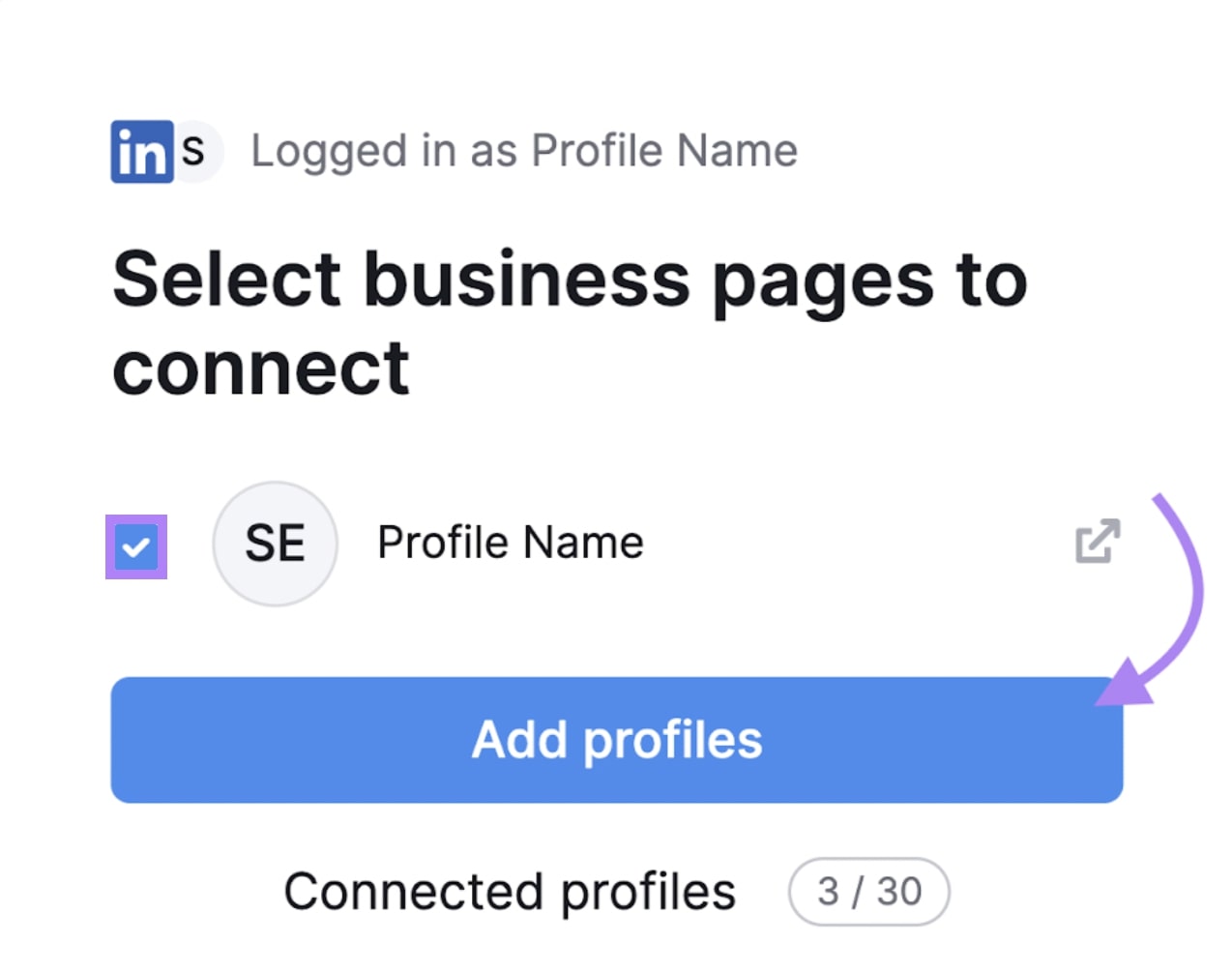 Connecting a business page to Social Poster on Semrush with Profile Name and number of connected profiles displayed