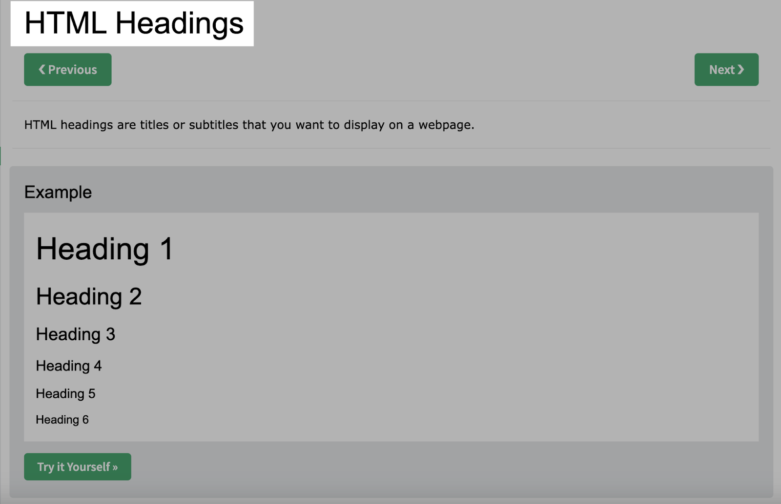 W3Schools’ tutorial H1 tag that reads: "HTML Headings"