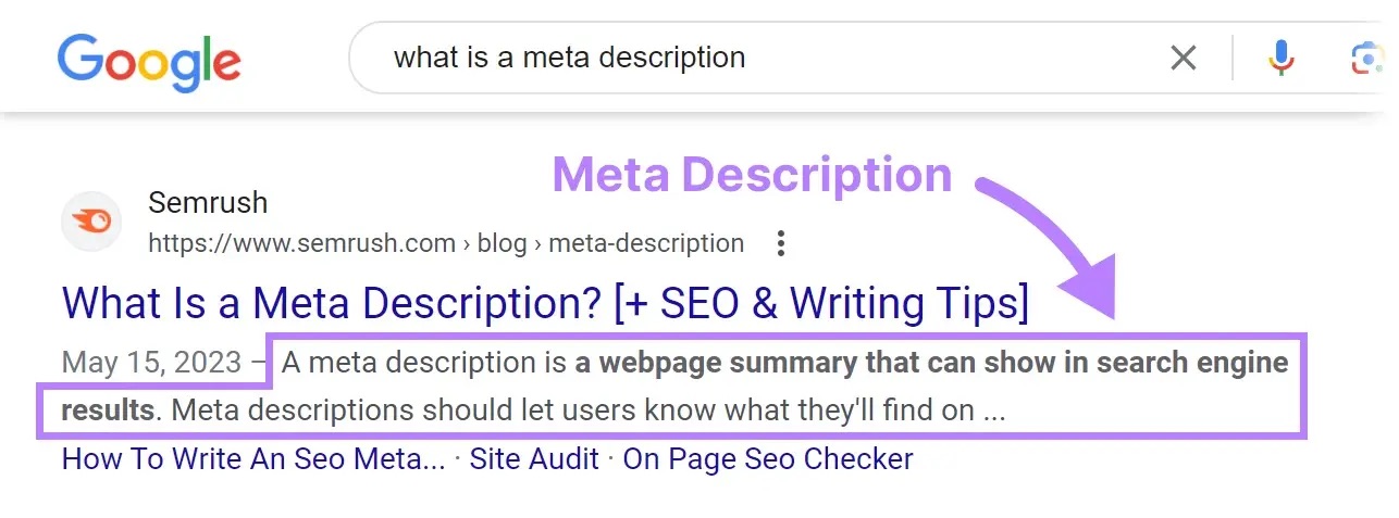 A meta description highlighted on SERP