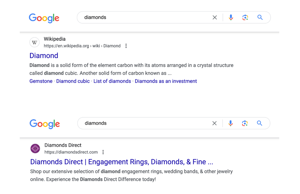 Google results for "diamonds." One is the Wikipedia page for “Diamond” and the other is the “Diamonds Direct” homepage.