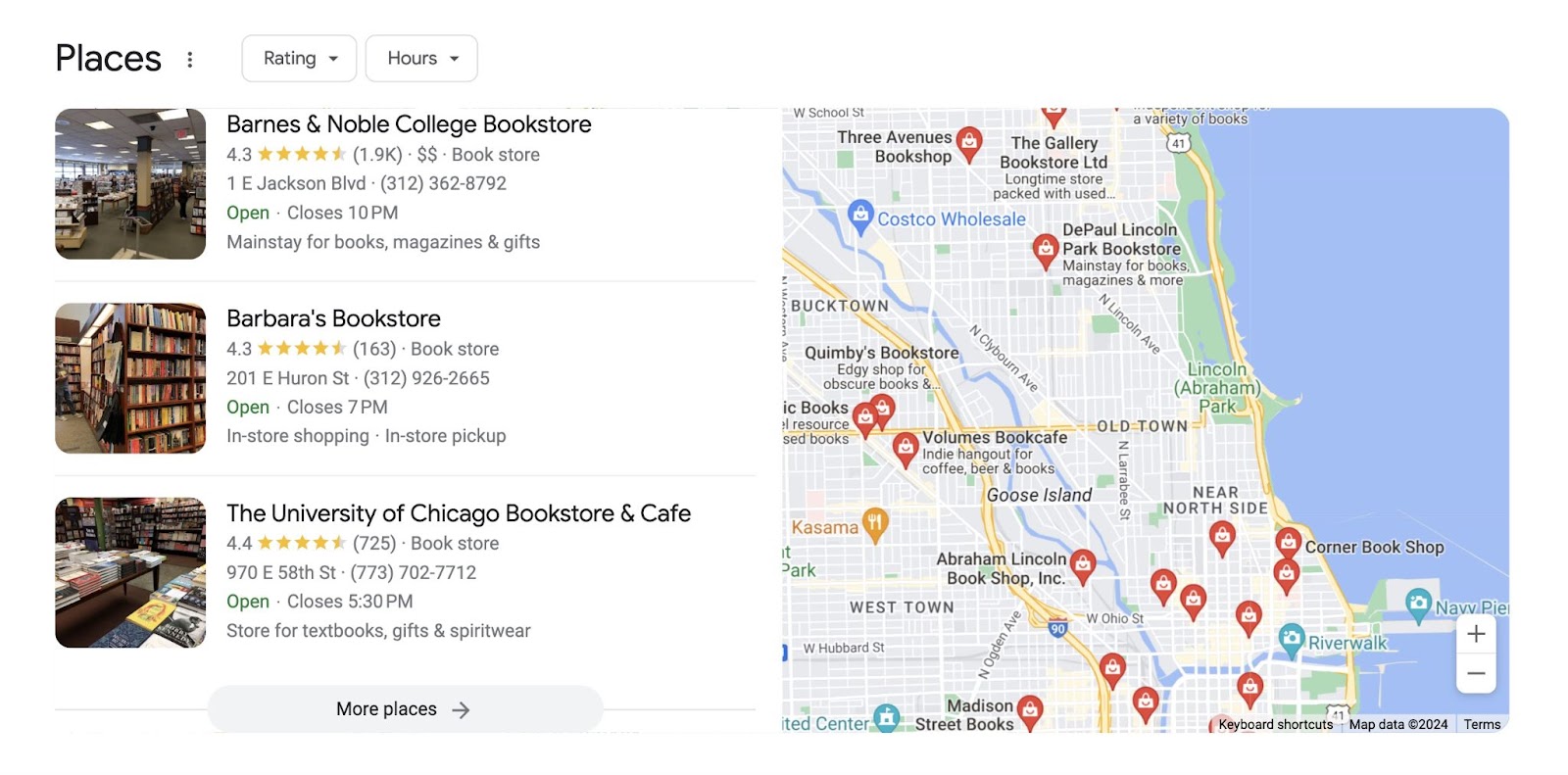 google results for chicago bookstore shows "Places" with map in the serp