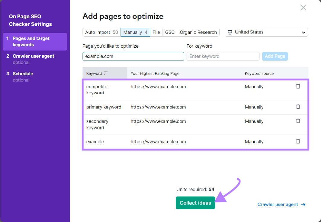 "Add pages to optimize" window in On Page SEO Checker tool settings