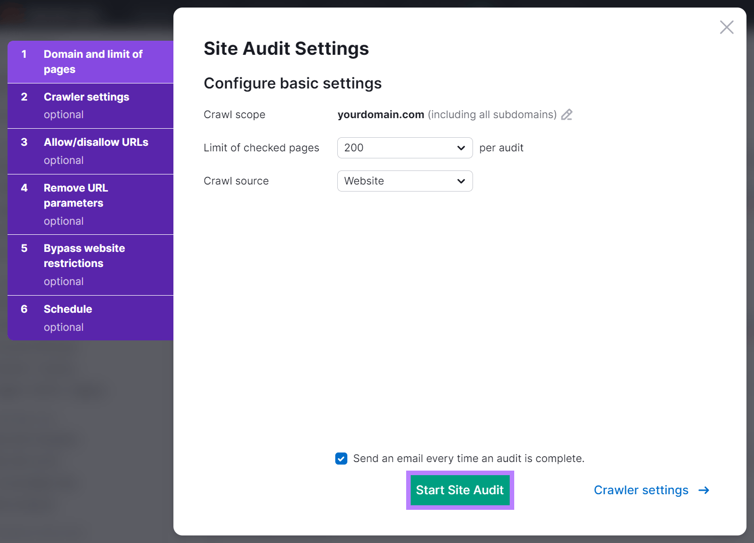 Site Audit settings configuration screen.