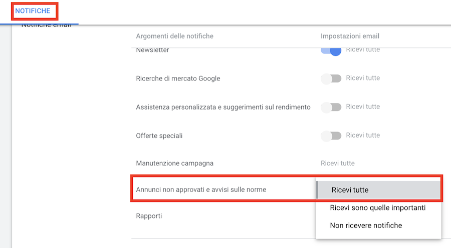 come impostare notifiche per report google ads