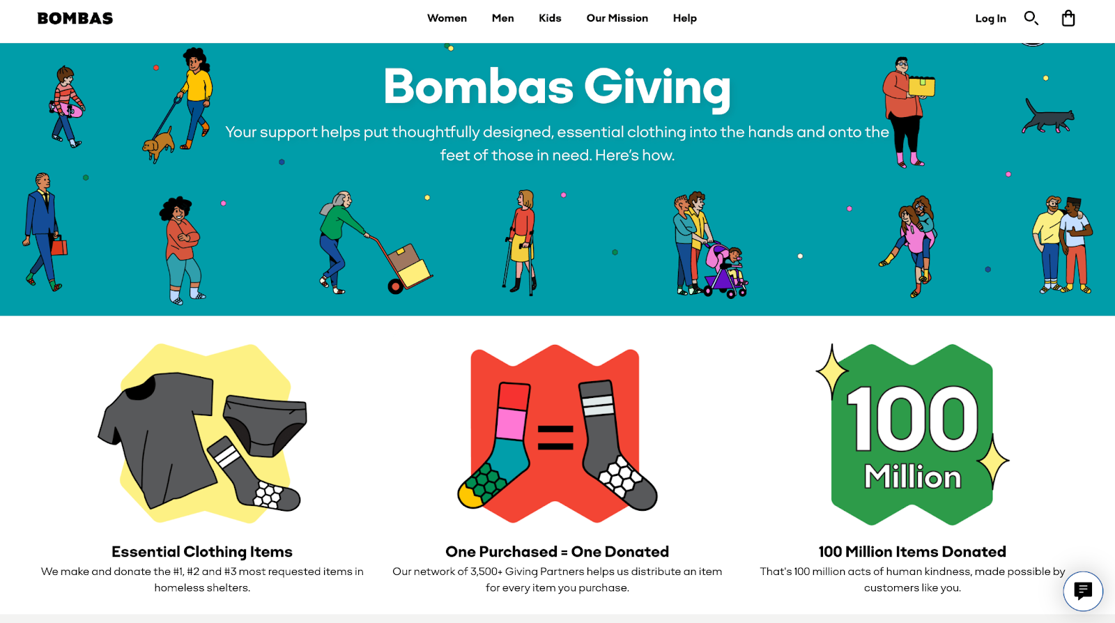 sock brand's giving back page showing how purchases support the community