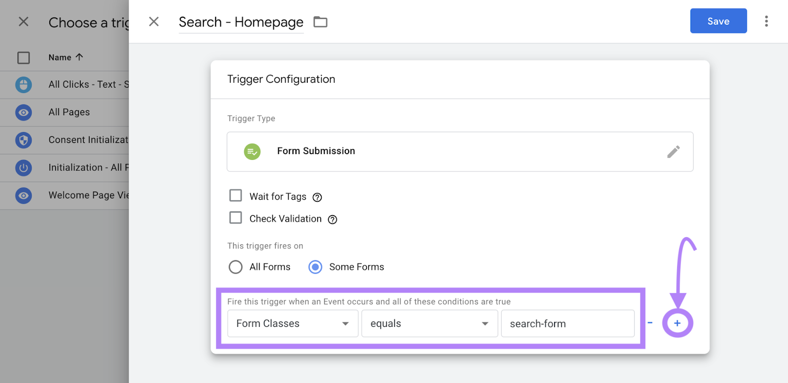Adding "Form Classes" equals "search-form" trigger