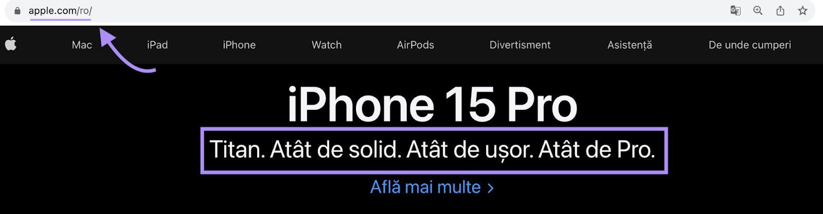 "iPhone 15 Pro. Titan. Atat de solid- Atat de usor. Atat de Pro." headline on "apple.com/ro/"