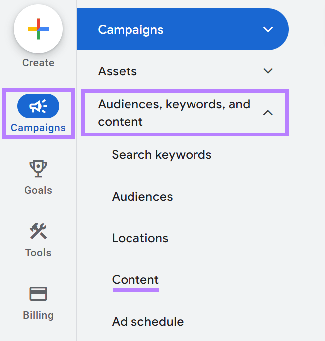 “Content" selected under “Audiences, keywords, and content" section in Google Ads menu