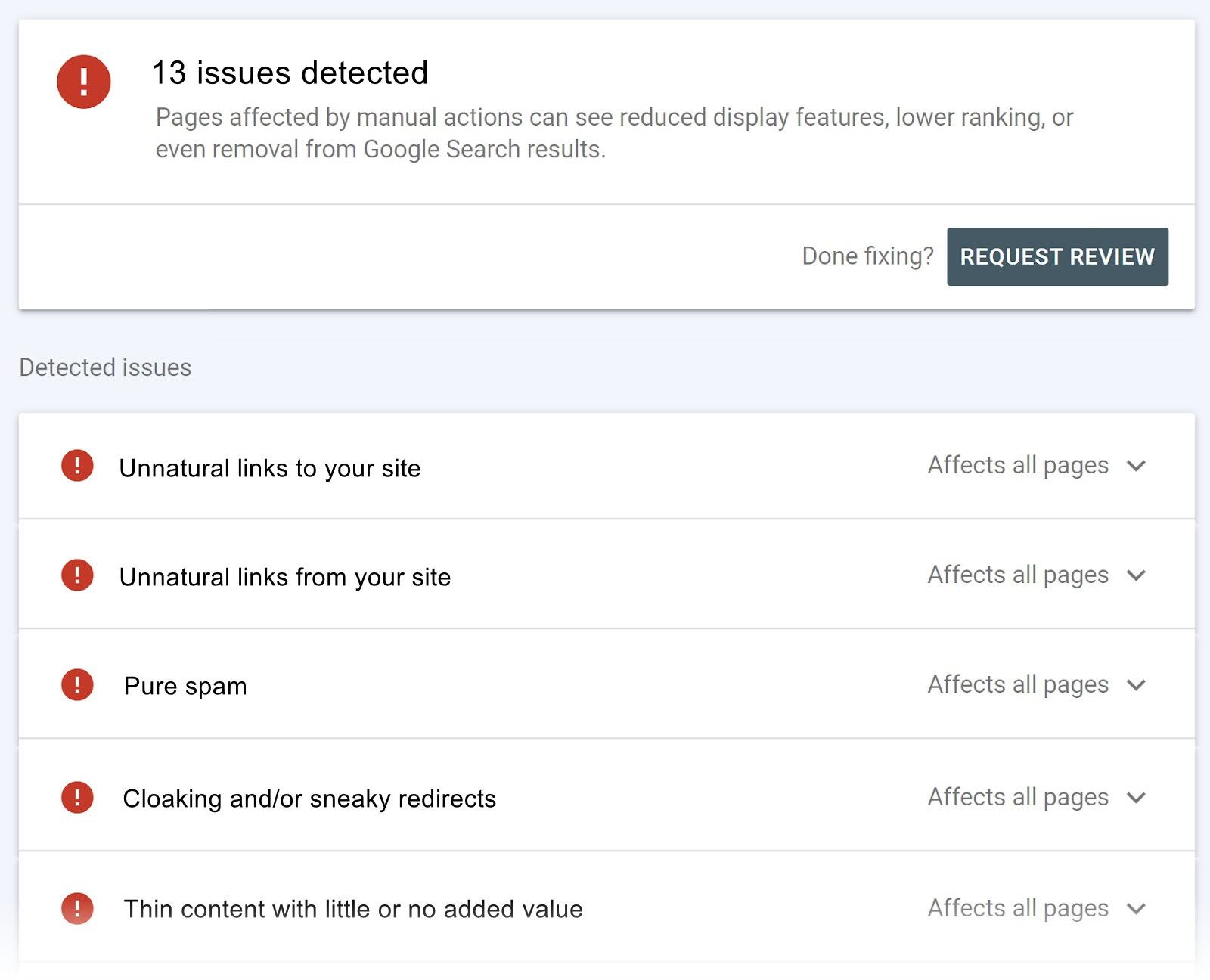 Detected issues shown in GSC “Manual Actions” page