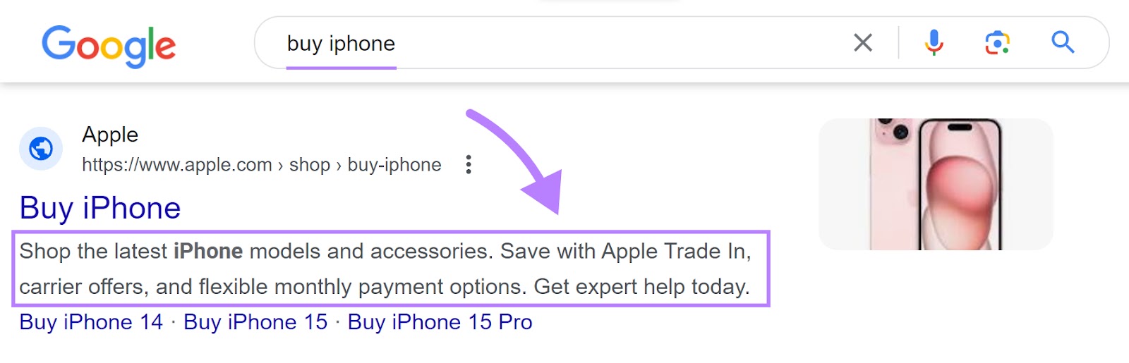 Apple's "Buy iPhone" page meta description on SERP